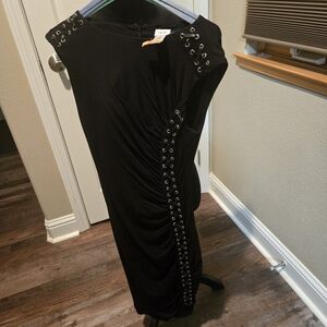 Cache Black Asymmetrical Dress with Eyelet Details